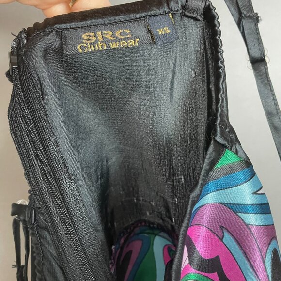 Vintage Y2K Dress Retro Print Flower Power V-Neck Mini A-Line Sleeveless Black - Picture 3 of 13